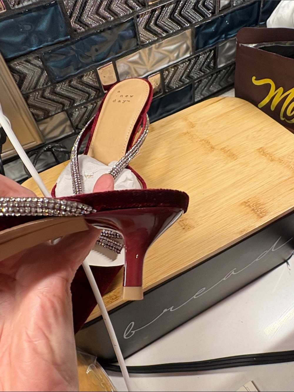 a new day Burgundy Velvet Pointed Mules with Crystal Bow Trim - Picture 4 of 6